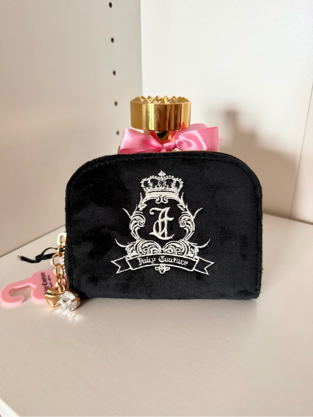 Juicy Couture “Need More Juicy” Black Velvet Coin Pouch with Pink Bow